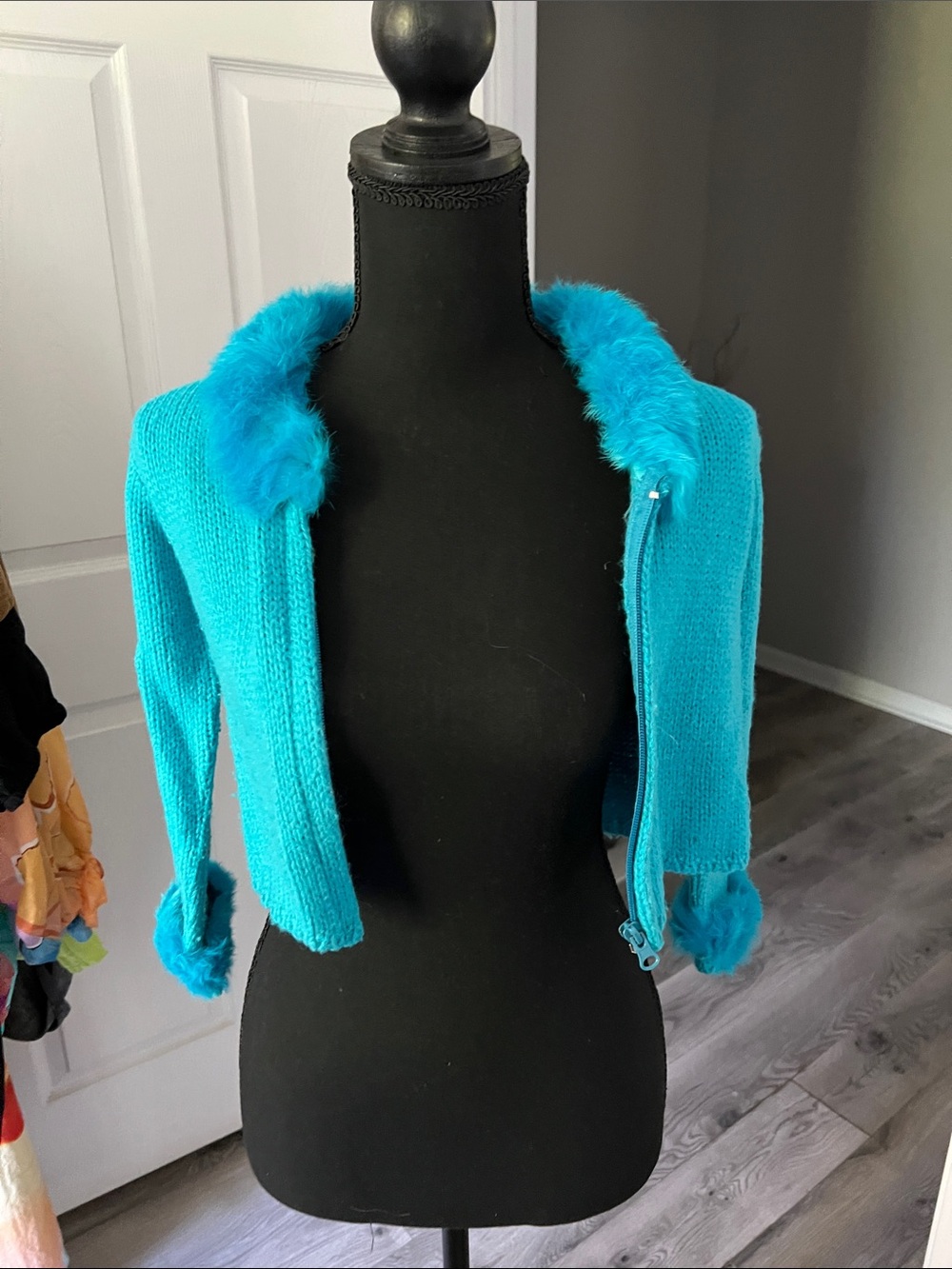 Kids Cropped Turquoise Faux Fur Trim Cardigan